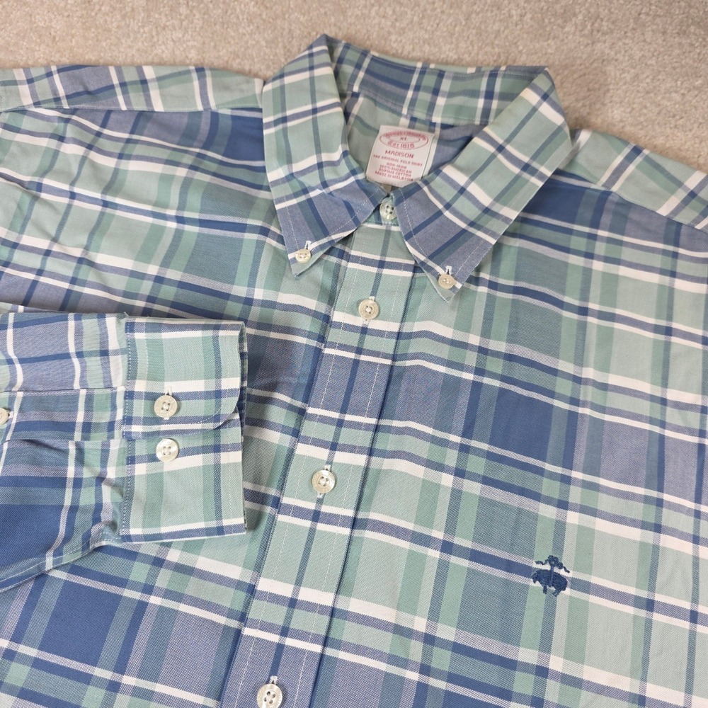 Brooks Brothers Madison Shirt Mens XL Blue Green Plaid Non-Iron Supima Cotton LS